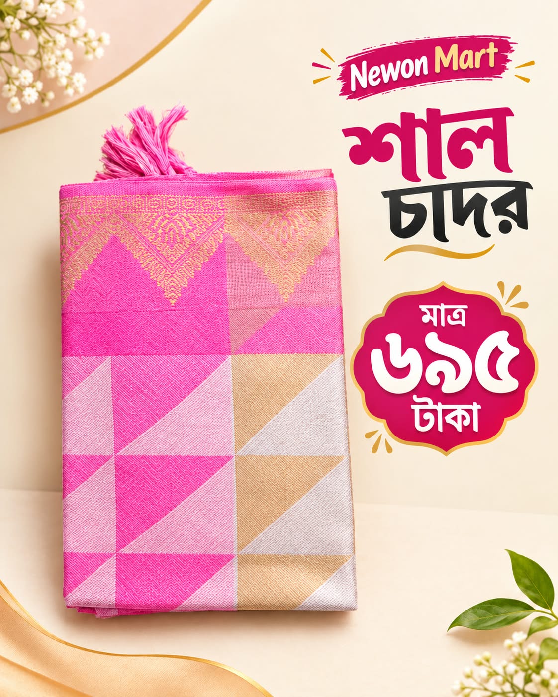 প্রিমিয়াম উলের সুতার তাঁতের শাল চাদর পিংক কালার