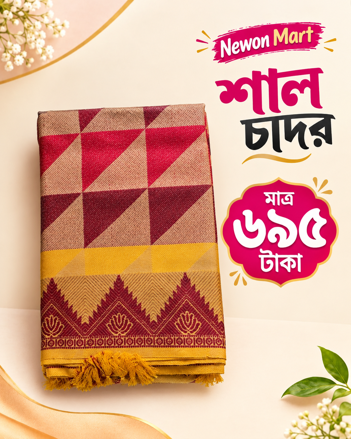 প্রিমিয়াম উলের সুতার তাঁতের শাল চাদর গোল্ডেন কালার